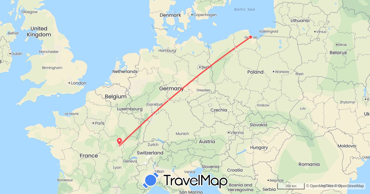 TravelMap itinerary: driving, hiking in France, Poland (Europe)